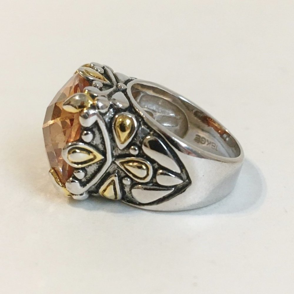 Amber Orange Stone Ring Ornate 18KGE Silver Gold - Picture 5 of 8
